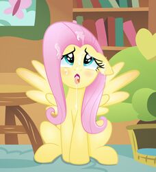 blue_eyes book bookshelf cum ears_down equine eyelashes feral fluttershy_(mlp) friendship_is_magic mammal my_little_pony open_mouth pegasus rainbownspeedash sitting sofa solo tongue tongue_out wings