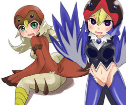 2girls avian blonde_hair blue_hair blue_wings blush drool duel_monster female green_eyes harpy legs_apart lyrilusc lyrilusc_cobalt_sparrow lyrilusc_sapphire_swallow multiple_girls navel oresam sitting sparrow sparrow_(bird) talons white_background wings yu-gi-oh! yuu-gi-ou_duel_monsters