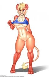 2016 anthro areola big_breasts bottomless bra breasts brown_fur brown_hair clothed clothing collar english_text feline female fur hair lion looking_at_viewer mammal navel nipple_bulge pussy simple_background smile solo tail_tuft text thunder-renamon tuft underwear white_background wide_hips