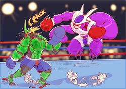 abs arthropod barefoot beetle blood boxing boxing_gloves boxing_ring bruised brutal clothing cooler_(dragon_ball) dragon_ball gore horn insects iskiribbles jumping male male_only muscular pecs punching shorts sport teeth uppercut zamrud