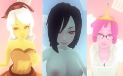 3d adventure_time areolae bacon bedroom_eyes bent_over black_hair breakfast_princess breasts cartoon_network cleavage clothed eyewear face female female_only food glasses grey_skin hair_over_one_eye highres lab_coat large_breasts long_hair looking_at_viewer manyakis marceline multiple_girls nipples nude orange_eyes pink_eyes pink_hair princess_bubblegum red_eyes smile thick_lips trio vampire what_if_adventure_time_was_a_3d_anime white_hair yellow_skin