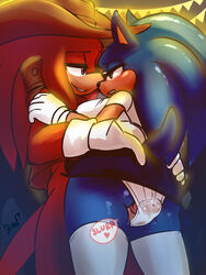 1boy 1girls anthro blush bodily_fluids duo eulipotyphlan female genital_fluids hedgehog hi_res knuckles_the_echidna krazyelf male mammal penis precum pussy_juice rule_63 sonic_(series) sonic_the_hedgehog sonique_the_hedgehog sonknux upskirt