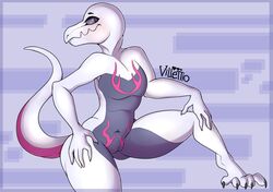 1girls alternate_color anthro ass belly black_eyes blush claws fangs feet flat_chest heart leg_up looking_at_viewer navel nintendo no_nipples nude pink_skin pokémon_(species) pokemon pokemon_(species) pokemon_sm purple_background purple_sclera purple_skin pussy salazzle scalie shiny_pokemon shiny_salazzle signature slit_eyes solo spread_legs tail text video_games villettio white_skin