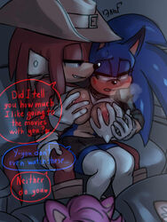 1boy 1boy1girl 1girls anthro blush breasts dialogue duo english_text female grope hi_res knuckles_the_echidna krazyelf male movie_theater nipples public rule_63 sonic_(series) sonic_the_hedgehog sonique_the_hedgehog sonknux speech_bubble text theater