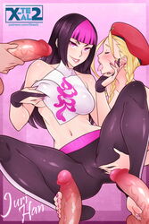 2girls 3boys absurdres alternate_costume ass_grab balls bangs beret big_penis black_hair blonde_hair brad breast_grab breasts cameltoe cammy_white capcom character_name closed_eyes clothed double_footjob faceless_male feet female footbang footjob footjob_with_legwear gloves hat highres human juri_han large_breasts lipstick long_hair looking_at_viewer male nail_polish navel nipple_bulge penis pink_eyes pink_hair pink_lipstick pink_nails saliva self_fondle sidelocks smile solo_focus spread_legs straight street_fighter street_fighter_v toejob toeless_legwear toenail_polish toes tongue tongue_out twin_braids two_tone_hair veiny_penis x-teal yoga_pants