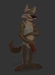 1boy animal_genitalia animal_penis anthro barefoot belt briefs canine canine_penis clothed clothing erection exposing facial_hair knot looking_at_viewer male male_only mammal orf penis shirt solo underwear wade_wolf white_underwear wolf