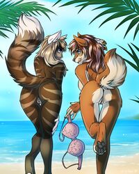 2019 anthro anus ass beach blonde_hair blue_eyes bra breasts brown_fur brown_hair canid canine canis clothing cotopes digital_media_(artwork) domestic_cat duo feathers felid feline felis female fur hair heart-shaped_butt hi_res kiara_aman looking_at_viewer looking_back mammal nude outside presenting presenting_hindquarters pussy seaside selina_zifer sky smile take_your_pick teasing tongue underwear water wolf