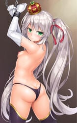 areolae ass black_legwear black_panties blush breasts chained chains crown cuffs elbow_gloves female gloves green_eyes hair_ribbon lambda_(kusowarota) long_hair looking_at_viewer looking_back mini_crown nipples panties ribbon sennen_sensou_aigis silver_hair small_breasts solo sweat sybilla thighhighs tied_hair topless twintails underwear very_long_hair white_gloves