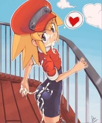 animated bike_shorts blonde_hair cum cum_on_body cumshot female gloves green_eyes long_hair mega_man mega_man_legends open_mouth red_shorts roll_caskett