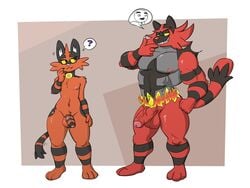 2boys ? abs anthro anthrofied artbyyellowdog artist_request bara big_penis border brown_background eye_contact fangs feet fire fist flaccid foreskin furry green_eyes half-closed_eyes half-erect hand_on_hip humanoid_penis incineroar male male_only muscular navel nintendo nipples nude orange_fur partially_retracted_foreskin paws pecs penis penis_size_difference pokemon pokemon_sm red_eyes red_fur size_difference speech_bubble standing stripes tail teeth testicles thick_thighs torracat uncut veins veiny_penis white_border yaoi yellow_sclera