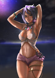 1girls armpits arms_up atorot bare_shoulders black_eyes bracelet breasts cleavage dark-skinned_female dark_skin drooling earrings elite_four eyelashes female female_only human jewelry licking_lips lipstick looking_at_viewer midriff navel necklace night nintendo olivia_(pokemon) outdoors pokemon pokemon_sm saliva shirt short_hair shorts sky smile solo standing sweat tank_top tongue tongue_out wet