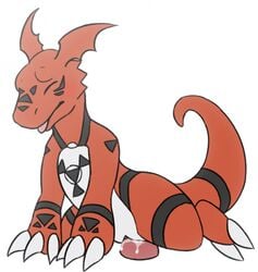 critterclaws digimon dragon feral genderswap guilmon pussy sex_toy simple_background solo white_background