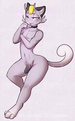 1boy 2016 alolan_form alolan_meowth anthro anthrofied ass black_penis choker eyelashes fangs feet foreskin furry girly grey_fur half-closed_eyes hi_res humanoid_penis long_eyelashes looking_at_viewer male meowth navel nintendo nipples nude paws penis pokemon pokemon_sm red_eyes ryunwoofie shiny simple_background smile solo tail text thick_bottom_lip uncut url video_games whiskers wide_hips