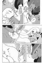 anthro canine comic deepthroat dialogue doujinshi eeveelution english_text fellatio female feral forced fur greyscale kemoribbon male mammal mightyena monochrome nintendo open_mouth oral paws pokemon pokemon_(species) ribbons saliva shaking shivering straight sylveon text translated video_games zoroark