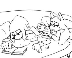 2boys 5:4 anal anthro casual_sex clothing duo eulipotyphlan furry gay hedgehog knuckles_the_echidna krazyelf legwear male male/male mammal monochrome penis sex socks sofa sonic_(series) sonic_the_hedgehog sonknux testicles text watermark yaoi