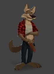 1boy animal_genitalia animal_penis anthro barefoot belt canine canine_penis clothed clothing erection exposing facial_hair knot looking_at_viewer male male_only mammal orf pants penis shirt solo wade_wolf wolf