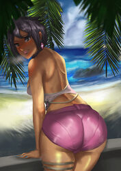 1girls arm_support ass atorot back bare_shoulders beach bent_over black_eyes black_hair blush breasts cleavage dark-skinned_female dark_skin dat_ass day earrings elite_four eyelashes female female_only heavy_breathing human jewelry lipstick looking_at_viewer looking_back nail_polish necklace nintendo olivia_(pokemon) outdoors pokemon pokemon_sm sand shirt short_hair shorts sky smile solo sweat tank_top water