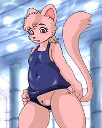 1girls anthro artist_request bagi bagi_the_monster_of_mighty_nature breasts cat feline female fur furry kemono looking_at_viewer mammal one-piece_swimsuit pink_fur pussy solo swimsuit tail