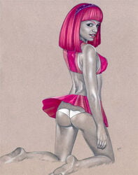 ass breasts female kneeling lazytown miniskirt pink_hair pink_shirt solo stephanie_meanswell tagme white_panties wind wind_lift