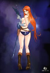 1girls 2006 ass breasts cosmo_dragoon curvaceous emeraldas female galaxy_express_999 gloves gravity_saber gun high_heel_boots large_breasts leijiverse light-skinned_female light_skin long_hair looking_at_viewer nipples orange_hair queen_emeraldas scar space_pirate_captain_harlock standing sword wide_hips zen_and_retro