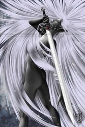 1girls aikurisu ass black_lips breasts closed_eyes dancer dancing dark-skinned_female dark_elf dark_skin drow dungeons_and_dragons eilistraee elegant elf female forgotten_realms goddess godiva_hair hair_over_breasts long_hair long_legs nude parted_lips shiny_skin silver_hair sword thighs white_hair