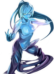 bad_end blue_hair blue_skin breasts cleavage corruption dark_persona dark_samus goo_girl kichin_yarou large_breasts long_hair metroid midriff nintendo open_mouth ponytail tied_hair