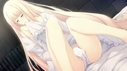 barefoot blonde_hair blush caucasus closed_eyes dress dress_lift frills game_cg hand_in_panties innocent_grey legs_apart long_hair masturbation nanatsuki_shion panties pussy_juice pussy_juice_stain sitting sugina_miki underwear very_long_hair wet_panties