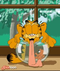 1boy aftersex ambiguous_gender animated anthro cum cumshot ejaculation feline fellatio fish fish_bowl fishjob furry garfield_(series) garfield_the_cat goldfish half-closed_eyes interspecies male male_only marine orgasm paws,_inc. penis sextoon small_image tongue tongue_out water