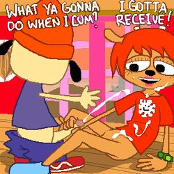 ! 1boy 1girls anthro beanie black_eyes brown_fur canine caprine cum cum_on_clothes cum_on_lower_body cumshot dialogue dog duo ejaculation english_text eyelashes female footwear furry handjob hat headwear horns interspecies lammy_lamb lipstick male mammal open_smile pants_down pants_pull parappa parappa_the_rapper penis pink_lipstick rapper red_hair retal4 sex sheep short_hair sitting smile straight text um_jammer_lammy wristwatch wristwear