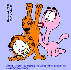 1boy 1girls 2000 anthro arlene_(garfield) cat domestic_cat duo feline fellatio female furry garfield_(series) garfield_the_cat humanoid_(artist) long_neck looking_at_viewer male ms_paint paws,_inc. penis pink_fur sex simple_background smile straight upside-down