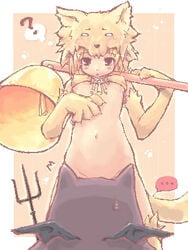 bell blonde_hair blush boss_monster devil_wings deviruchi monster monster_girl moonlight_flower navel no_panties open_mouth ragnarok_online red_eyes trident