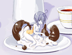 ahoge blue_eyes blue_hair branzent breasts cadbury cadbury_cream_egg candy chocolate cream creme_egg cup easter egg female filling food girl_in_food goo_girl hair_over_eyes hair_over_one_eyes hatched hatching in_food mahou_sensei_negima! messy minigirl miyazaki_nodoka nude personification saucer short_hair small_breasts solo sweets tea tea_time teatime transformation white_skin