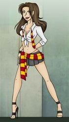 1girls artist_request breasts cleavage crop_top female female_only gryffindor gryffindor_scarf gryffindor_tie harry_potter hermione_granger high_heels mini_skirt skirt solo solo_female tagme thong witch_(harry_potter)