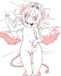 anus arcana_trust demon_tail female flat_chest hat horns lying monochrome navel nezumi_inu nude on_back pointy_ears pussy shinrabanshou smile solo tail thigh_gap wings