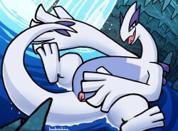 anthro cave dubindore female feral floating_on_water generation_2_pokemon genitals hi_res inside legendary_pokemon long_neck lugia lying nintendo on_back open_mouth pokemon pokemon_(species) presenting presenting_pussy pussy seductive smile solo spread_legs spread_pussy spreading water waterfall white_body wings