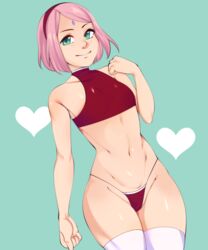 1girls abs breasts elvirahentai female female_only flat_chest flat_chested looking_at_viewer naruto naruto:_the_last panties pink_hair sakura_haruno small_breasts solo thick_thighs thighhighs wide_hips