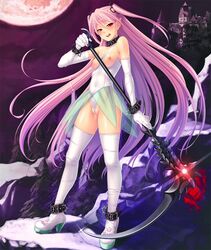 castle demon_girl felicia_(taimanin_kurenai) female leotard lilith-soft long_hair looking_at_viewer moon naughty_face night nipples official_art petite pink_hair red_eyes shiny_skin small_breasts smile taimanin_(series) taimanin_asagi taimanin_asagi_battle_arena vampire_girl weapon zol