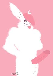 1boy 2016 anthro balls erection fluffy fur hair lagomorph looking_at_viewer male male_only mammal nude penis pink_hair rabbit simple_background smile solo text waismuth white_fur