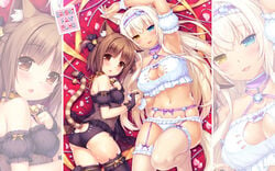 2girls animal_ears arm_up armpits artist_name ass azuki_(sayori) bare_shoulders bell bell_choker black_gloves black_legwear black_panties blonde_hair blue_eyes bra breasts bridal_gauntlets brown_eyes brown_hair cat_cutout cat_ear_panties cat_ears cat_keyhole_bra cat_lingerie cat_tail choker cleavage cleavage_cutout clothed coconut_(sayori) eye_contact eyebrows_visible_through_hair fishnet_legwear fishnets frilled_bra frilled_panties frills from_above garter_belt gloves half-closed_eyes headphones heterochromia holding_hand jewelry large_breasts lingerie long_hair looking_at_viewer lying midriff multiple_girls navel negligee nekopara on_back on_side original panties ribbon ring sayori short_hair striped_tail tail text thick_thighs thighhighs underwear underwear_only very_long_hair white_bra white_panties wide_hips wrist_cuffs yellow_eyes yellow_ribbon zoom_layer