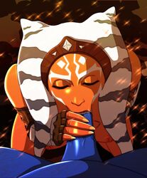 1girls ahsoka_tano alien_girl artist_request blowjob blue_eyes breasts cock_worship duo eyes_closed facial_mark female hand_on_penis jedi lipstick oral orange_skin penis pov rosario_dawson slim star_wars the_mandalorian togruta