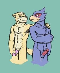 abs anthro armpits avian balls biceps black_fur black_nose canine erection falco_lombardi fox_mccloud fur male mammal muscular navel nintendo nipples nude pecs penis spectral-bat star_fox video_games yaoi