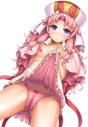 areolae blush breasts cameltoe capelet female hat iris_(sennen_sensou_aigis) lambda_(kusowarota) long_hair looking_at_viewer nipples panties pink_hair pink_panties purple_eyes pussy_juice sennen_sensou_aigis skirt skirt_lift small_breasts smile solo spread_legs tail thighs topless underwear upskirt veil very_long_hair