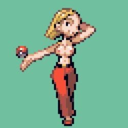 1girls animated arm_behind_head beauty_(pokemon) beauty_(pokemon_rse) belt black_eyes blonde_hair bouncing_breasts breasts female gif green_background human jiggle nintendo nipples npc_trainer nude pants pixel_art poke_ball pokemon pokemon_rse shoes short_hair smile sprite standing teeth topless