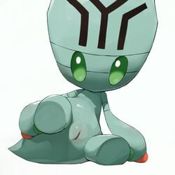 1girls alien ass elgyem feet female flat_chest green_eyes grey_skin looking_at_viewer lying nintendo no_nipples nude on_model on_side pokemon pokemon_bw pussy raised_leg solo tail video_games white_background youjomodoki