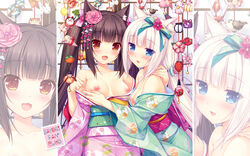 2girls animal_ears aqua_ribbon artist_name blue_eyes breast_grab breasts brown_eyes brown_hair cat_ears chocola_(sayori) cleavage collarbone eyebrows_visible_through_hair flower grabbing hair_flower hair_ornament hair_ribbon hand_on_another's_shoulder highres japanese_clothes kimono long_hair looking_at_viewer medium_breasts multiple_girls nekopara nipples off_shoulder open_mouth original pink_flower ribbon sash sayori slit_pupils tied_hair tsumami_kanzashi twintails vanilla_(sayori) white_hair yukata yuri zoom_layer