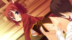 1boy ahoge amairo_islenauts animal_ears anus ass ass_grab breasts brown_hair censored dog_ears dog_tail female game_cg green_panties hair_ornament hairclip indoors light_rays looking_back masaki_gaillard mosaic_censoring muririn open_mouth panties panty_pull peeing purple_eyes pussy red_hair saginomori_tooru school_uniform short_hair solo_focus sweatdrop tail underwear urine x_hair_ornament