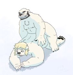 2016 4_toes 5_toes anthro bear beard belly black_hair black_pawpads blonde_hair blue_eyes cheat_tuft clenched_teeth closed_eyes duo facial_hair fur hair hindpaw light_theme looking_pleasured male mammal nipples nude open_mouth overweight overweight_male pawpads paws polar_bear polaric polaric_(character) sex simple_background smile teeth toes white_background white_fur yaoi