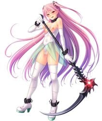 demon_girl felicia_(taimanin_kurenai) female leotard lilith-soft long_hair nipples official_art petite pink_hair red_eyes shiny_skin small_breasts smile taimanin_(series) taimanin_asagi taimanin_asagi_battle_arena vampire_girl weapon zol