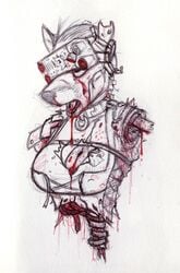 anthro blood canine clothing cybernetics cyborg eyewear female fox furry goggles gore hybrid intestines kraken_(artist) machine mammal open_mouth sketch solo spine torn_clothing traditional_media_(artwork) white_background