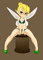5_fingers blush bra breasts brown_background disney disney_fairies eyebrows eyelashes fairy fairy_wings female green_eyes hands hips legs lipstick looking_at_viewer medium_breasts minigirl panties peter_pan_(disney) pink_lipstick pointy_ears rodjim shiny shiny_skin sitting solo stomach tinker_bell wings
